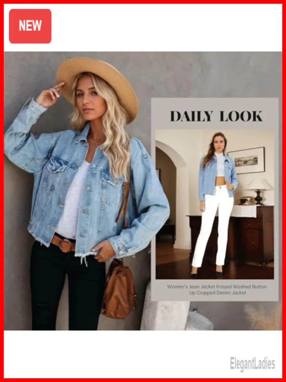 Womens Cropped Denim Jacket Frayed Washed Button Up